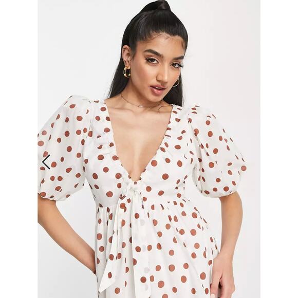 Abercrombie White Brown Polka Dot Puff Sleeve Mini Dress - Picture 11 of 13